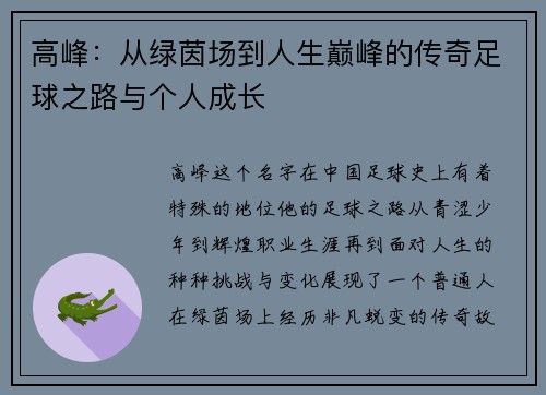 高峰：从绿茵场到人生巅峰的传奇足球之路与个人成长
