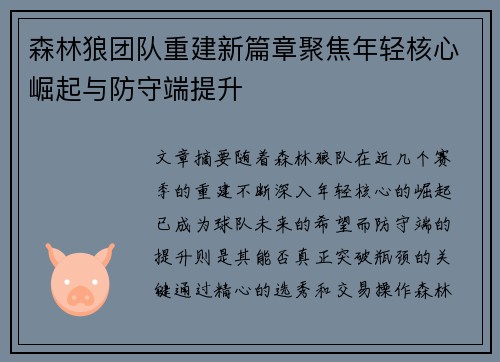 森林狼团队重建新篇章聚焦年轻核心崛起与防守端提升